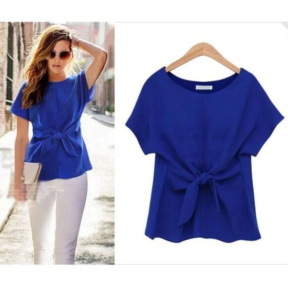 Elegant Chiffon Bow-Knot Blouse Blue Size L & M - Picture 2 of 2